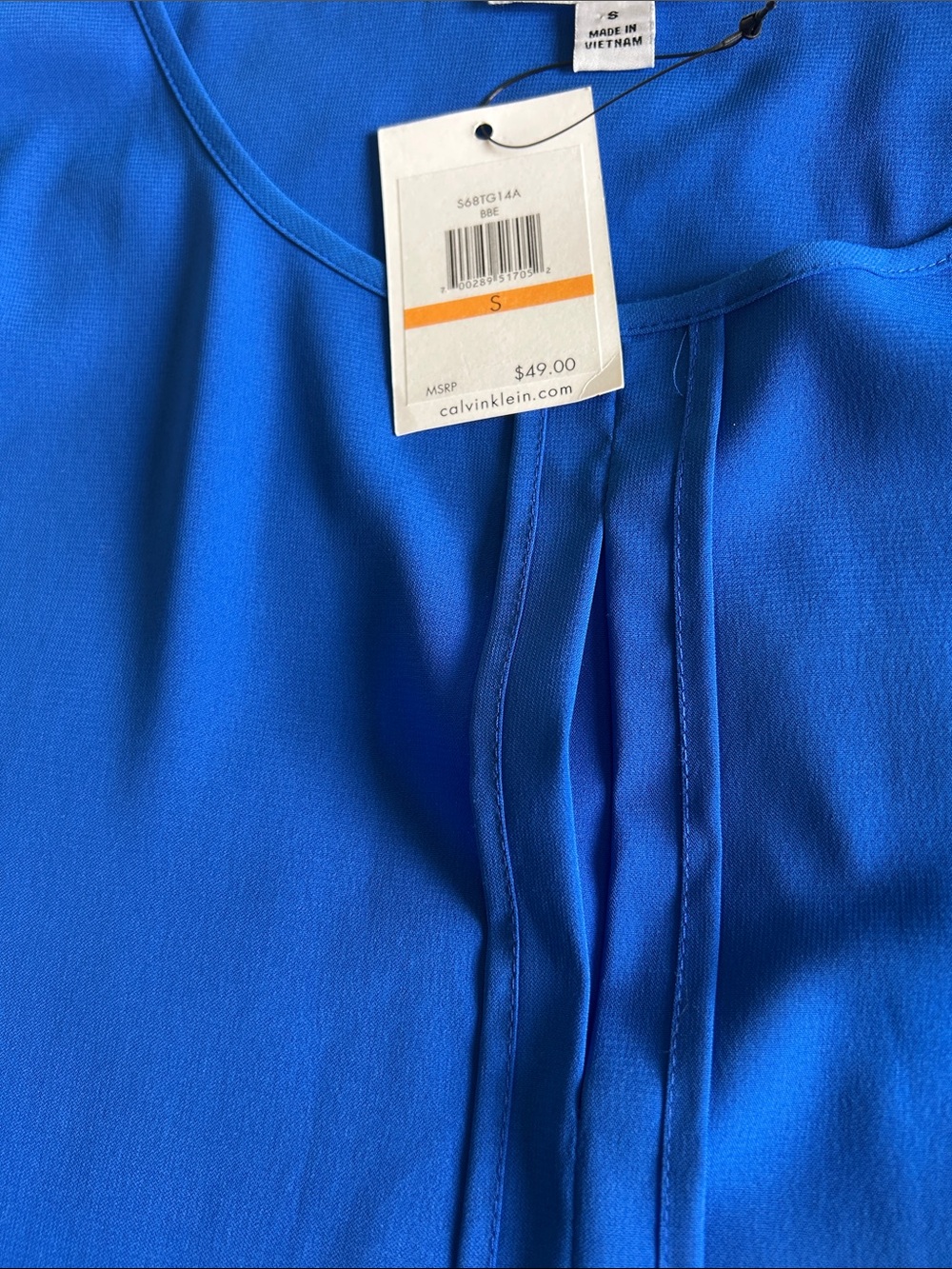 Calvin Klein Bright Blue Sleeveless Pleat-Front Tank Top Size S, NWT - Picture 3 of 8